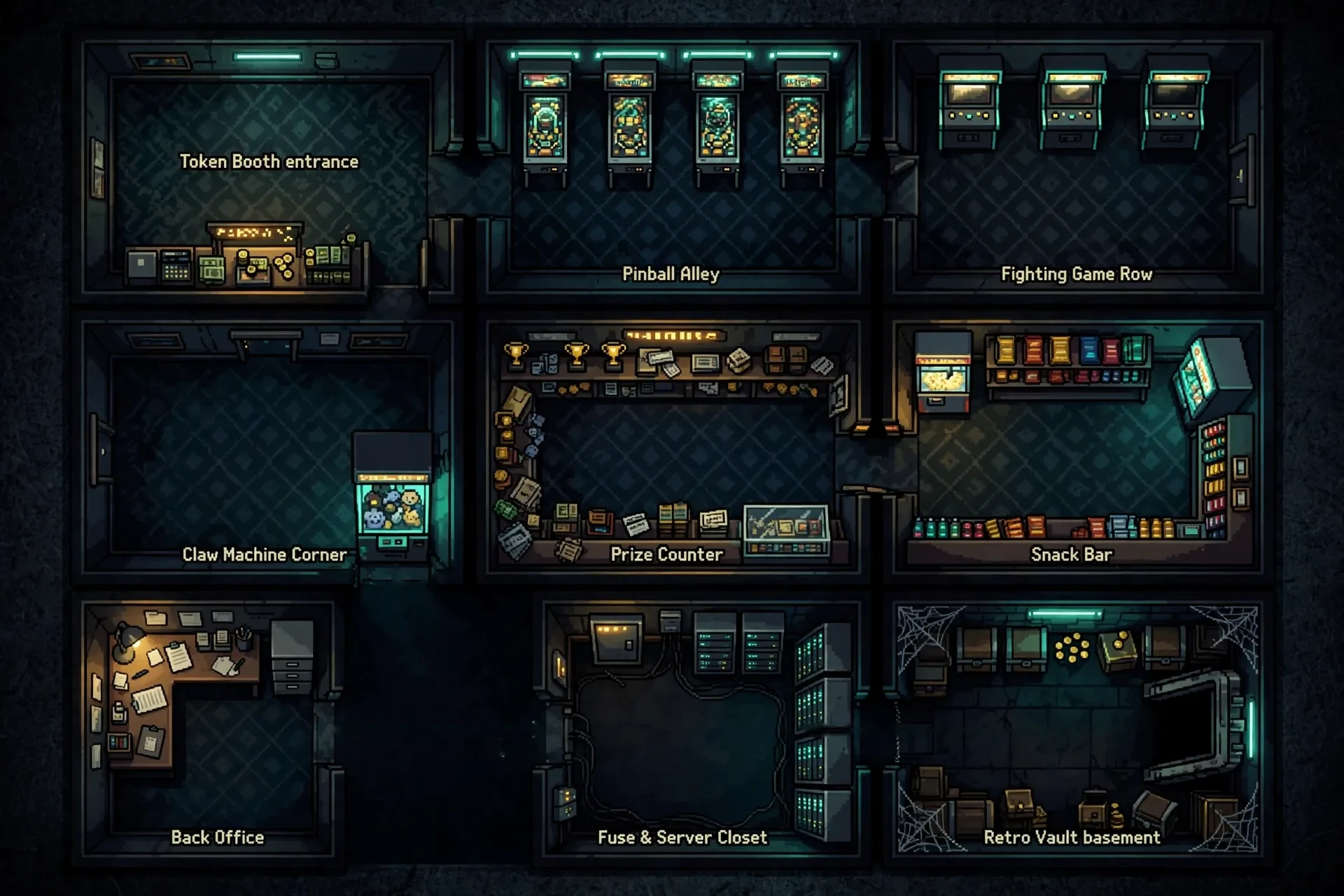 Night map of The Neon Vault: nine rooms in a three by three grid